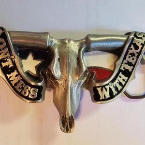 Pewter Don't Mess With Texas Long Horn Steer Belt Buckle
